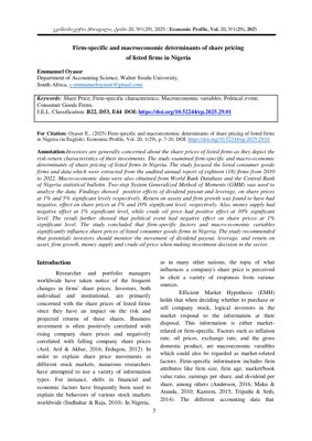 Обложка PDF-документа - Фирменные и макроэкономические детерминанты ценообразования акций в нигерийских компаниях потребительского сектора, котирующихся на бирже